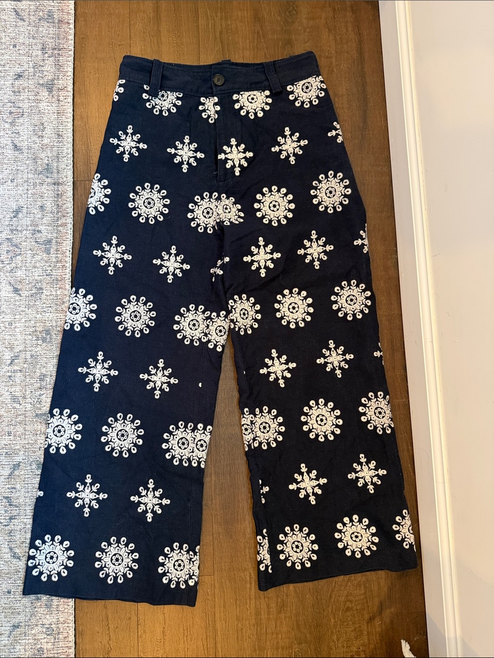 Navy Linen Blue Pants with White Print